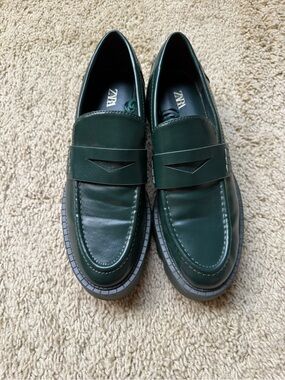 Zara Women's Dark Green Leather Penny Loafers